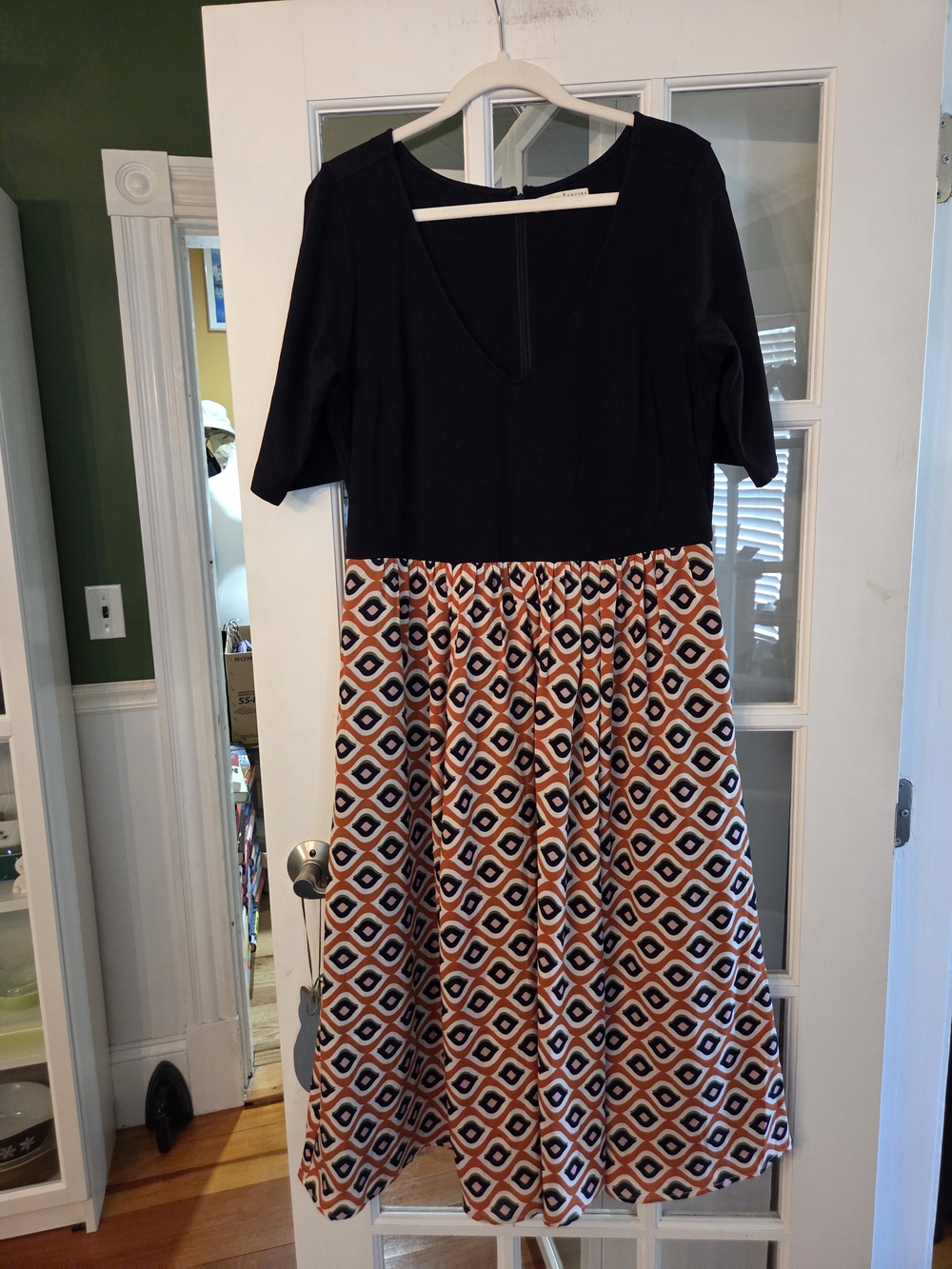 eshakti Black Bodice Midi Dress with Orange & Navy Geometric Skirt - Size 16W